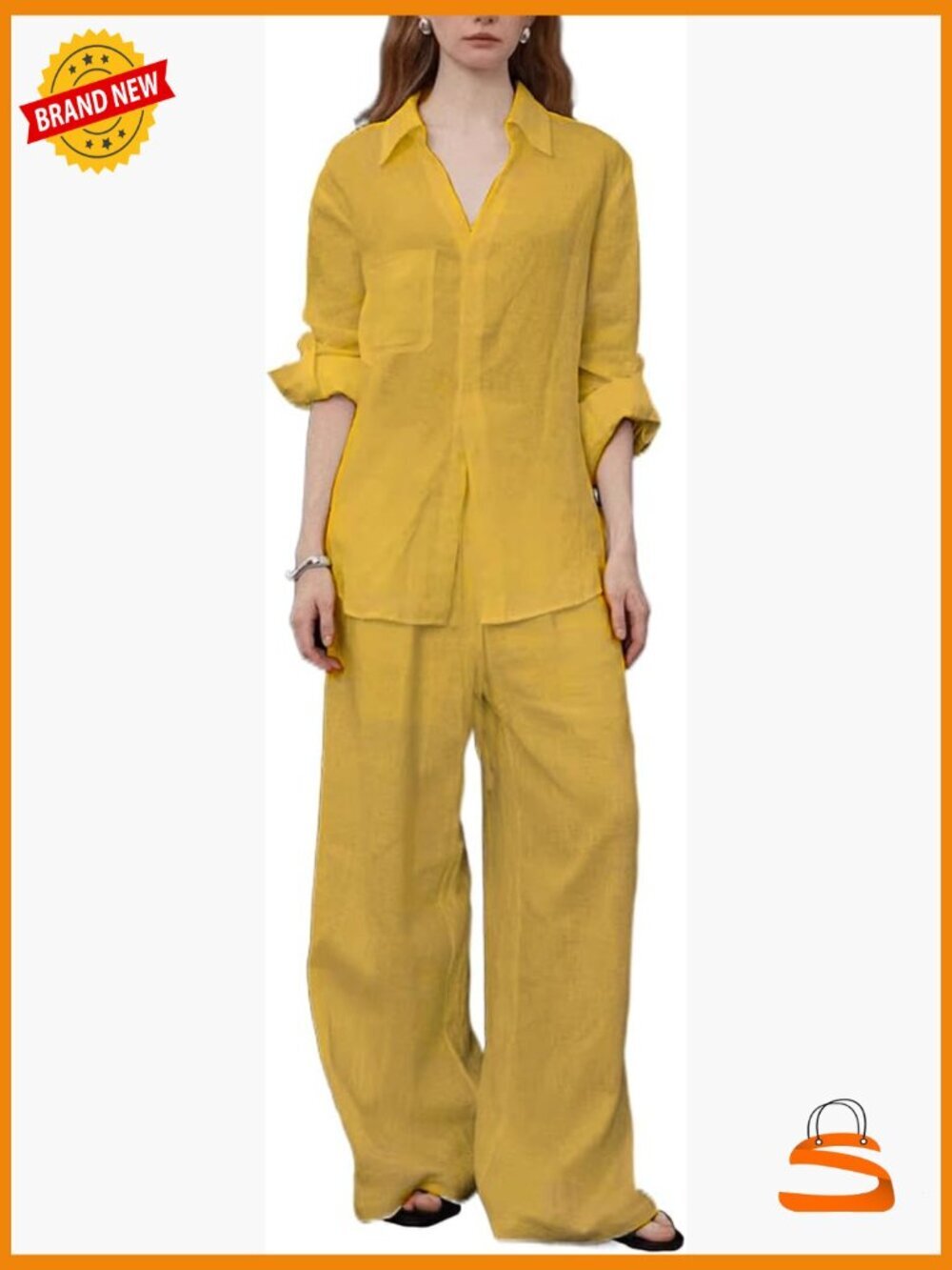 Women's 2-Piece Linen Blend Set with Pants and Long Sleeve Shirt